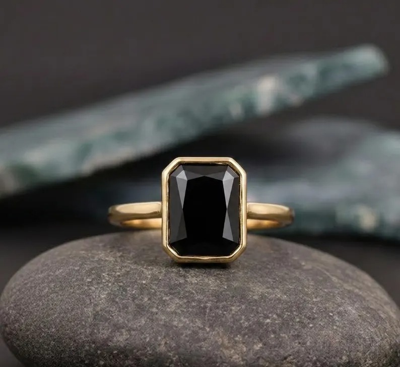 Emerald Cut Black Onyx Engagement Ring, Vintage Black Gemstone Unique Bridal Ring, Bezel Set Solitaire Onyx Ring, Anniversary Handmade Gift