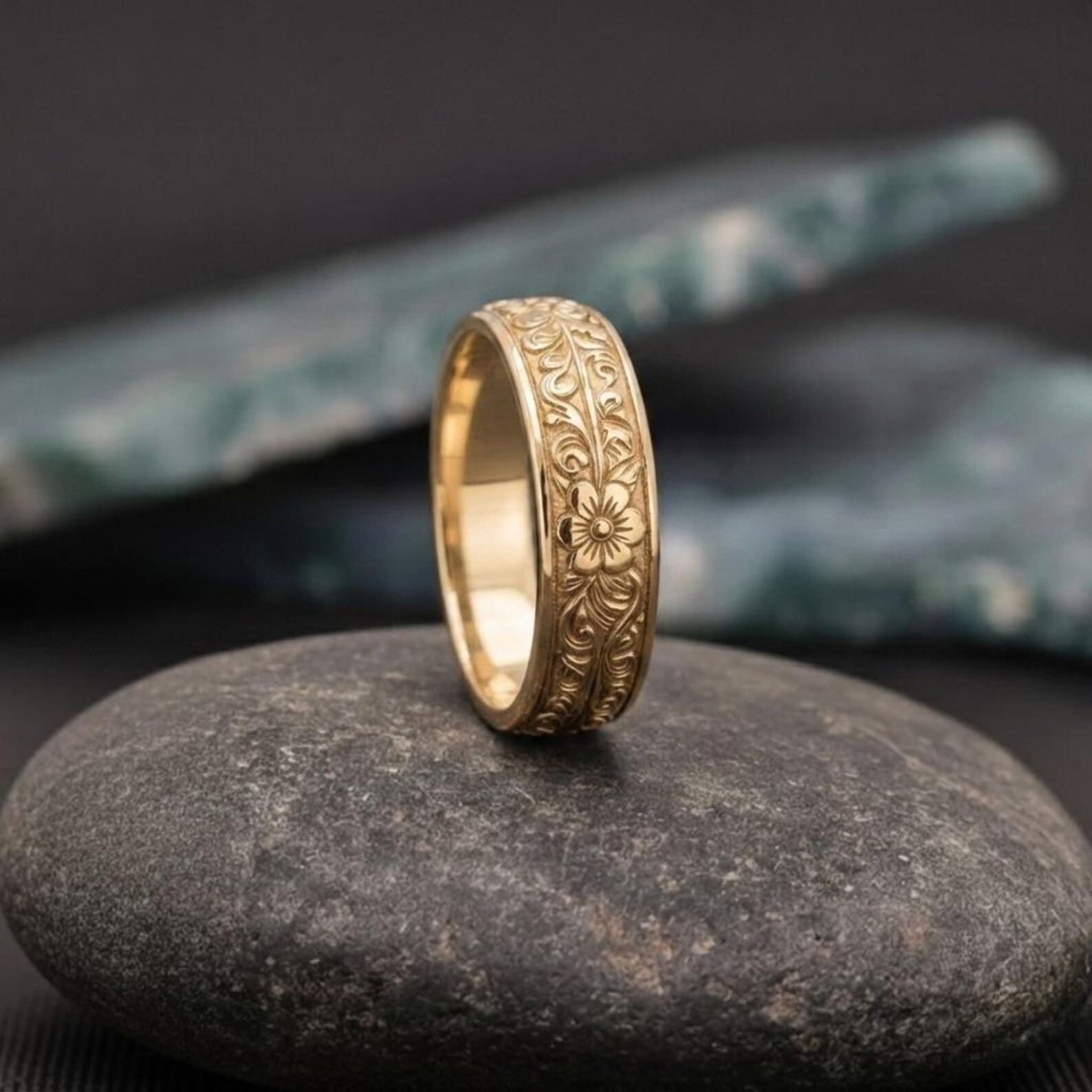 Vintage Floral Engraved Gold Band , Antique Style Wedding Band, Botanical Flower Band, Minimalist Stackable Band, Anniversary Gift For Her