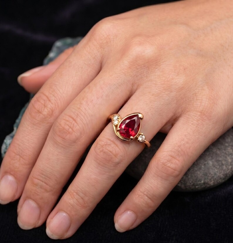 Ruby Ring-14k Solid Gold Ring, Pear Cut Red Gemstone Gold Ring with Diamond Accents, Vintage Red Ruby Promise Ring for Women, Bridal Jewelry