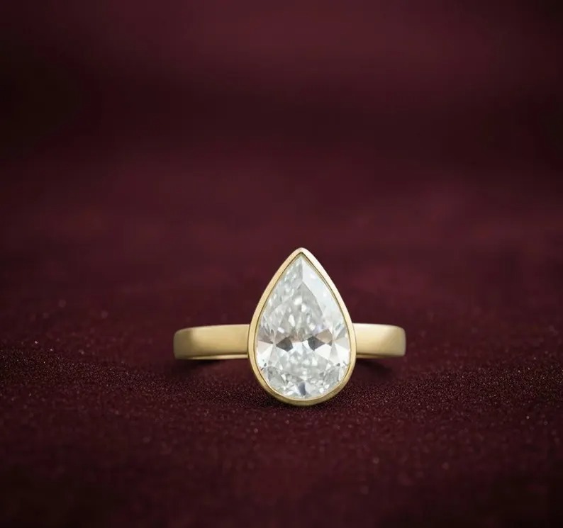 Pear Cut Moissanite Engagement Ring, Thick Band Solitaire Ring, Moissanite Wedding Bezel Set Ring, Moissanite Anniversary Ring For Women