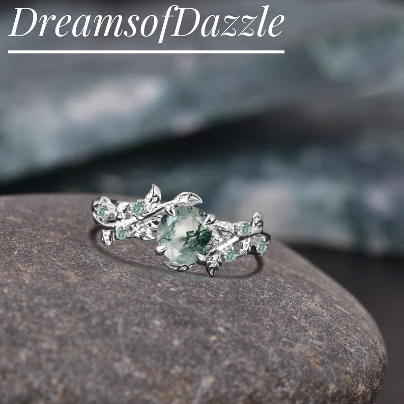 Vintage moss agate engagement ring round art deco leaf promise ring Nature inspired solid white gold cluster ring Unique Anniversary gifts