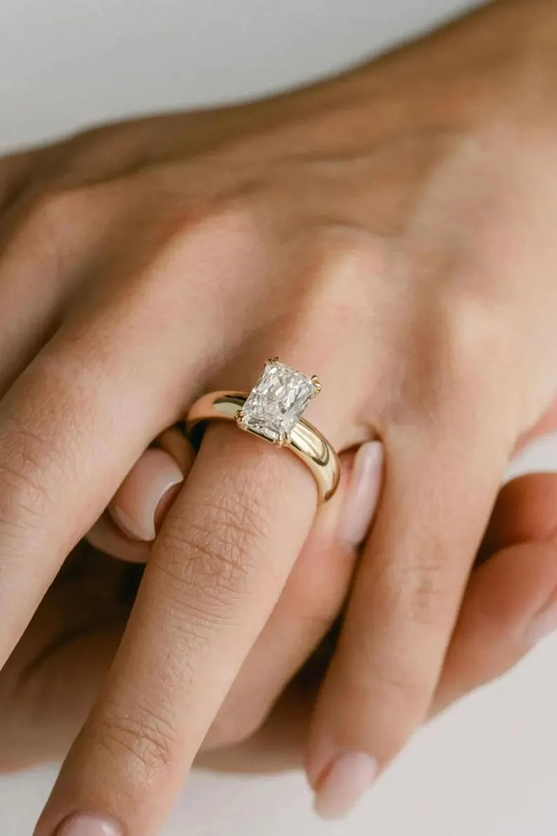 Emerald Cut Moissanite Engagement Ring, Diamond Solitaire Single Stone Ring, Wide Band Promise Wedding Bridal Ring, Anniversary Gift Ring