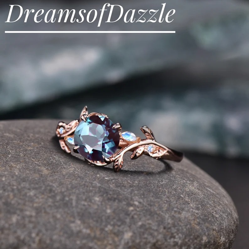 Vintage Alexandrite Engagement Ring: 1ct Round, Rose Gold Leaf, Moonstone Cluster