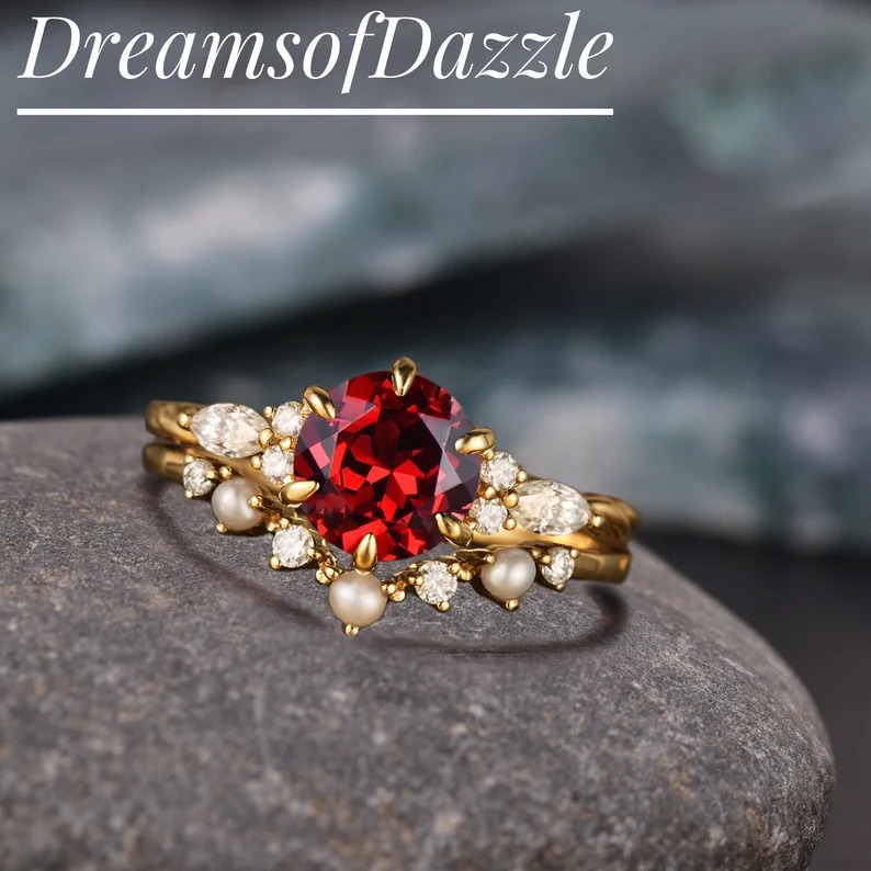 Vintage Round Red Ruby Engagement Ring Set, Pearl Moissanite Cluster Gold Wedding Ring Set, Matching Promise Ring Set, Custom Ring For Women