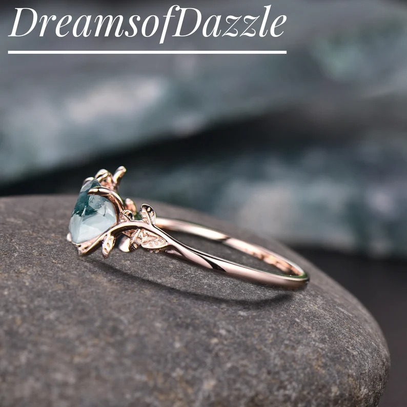 Twig Heart shaped moss agate engagement ring leaf rose gold silver unique vintage solitaire engagement ring promise wedding ring for women