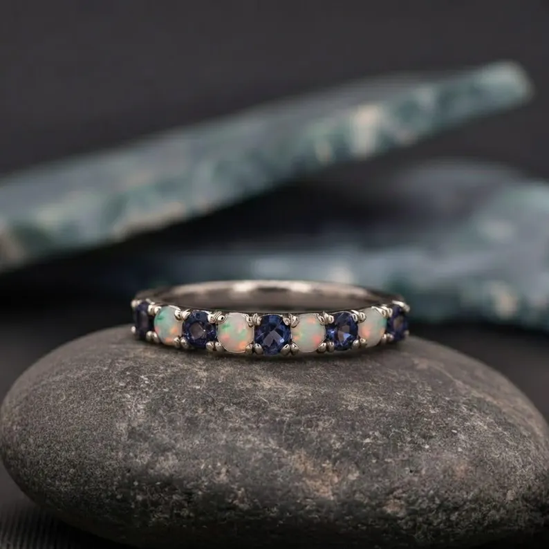 Opal Wedding Band, Dainty Opal and Sapphire Half Eternity Band, Matching Band, Birthstone Ring, Stacking Ring, Anniversary Gift For Women