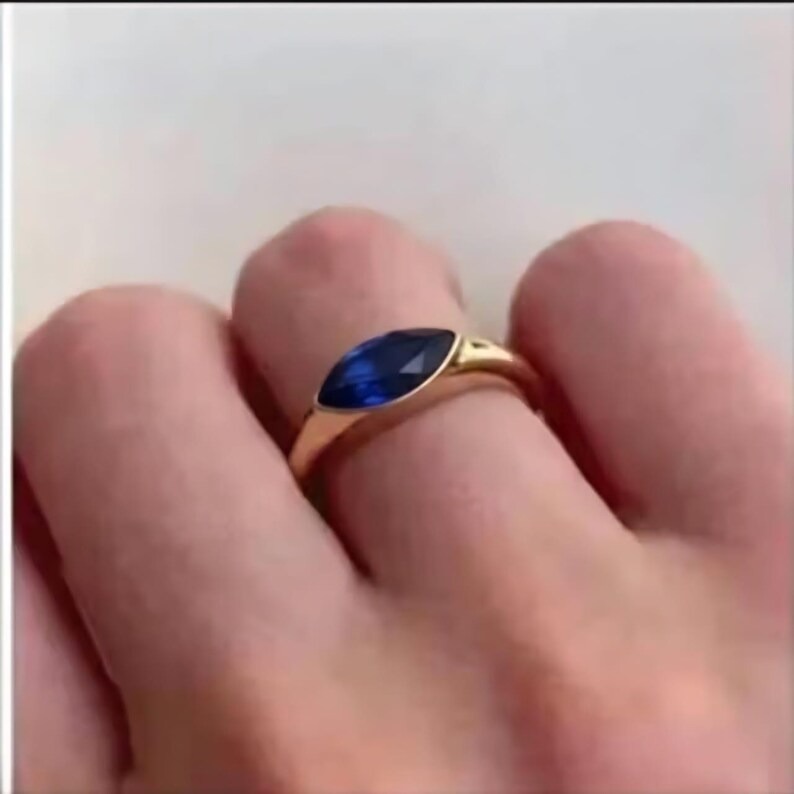 Marquise Blue Sapphire Ring: East-West Sterling Silver Signet, Bezel Set Gemstone Wedding Ring, Promise Ring, Single Solitaire Delicate Ring