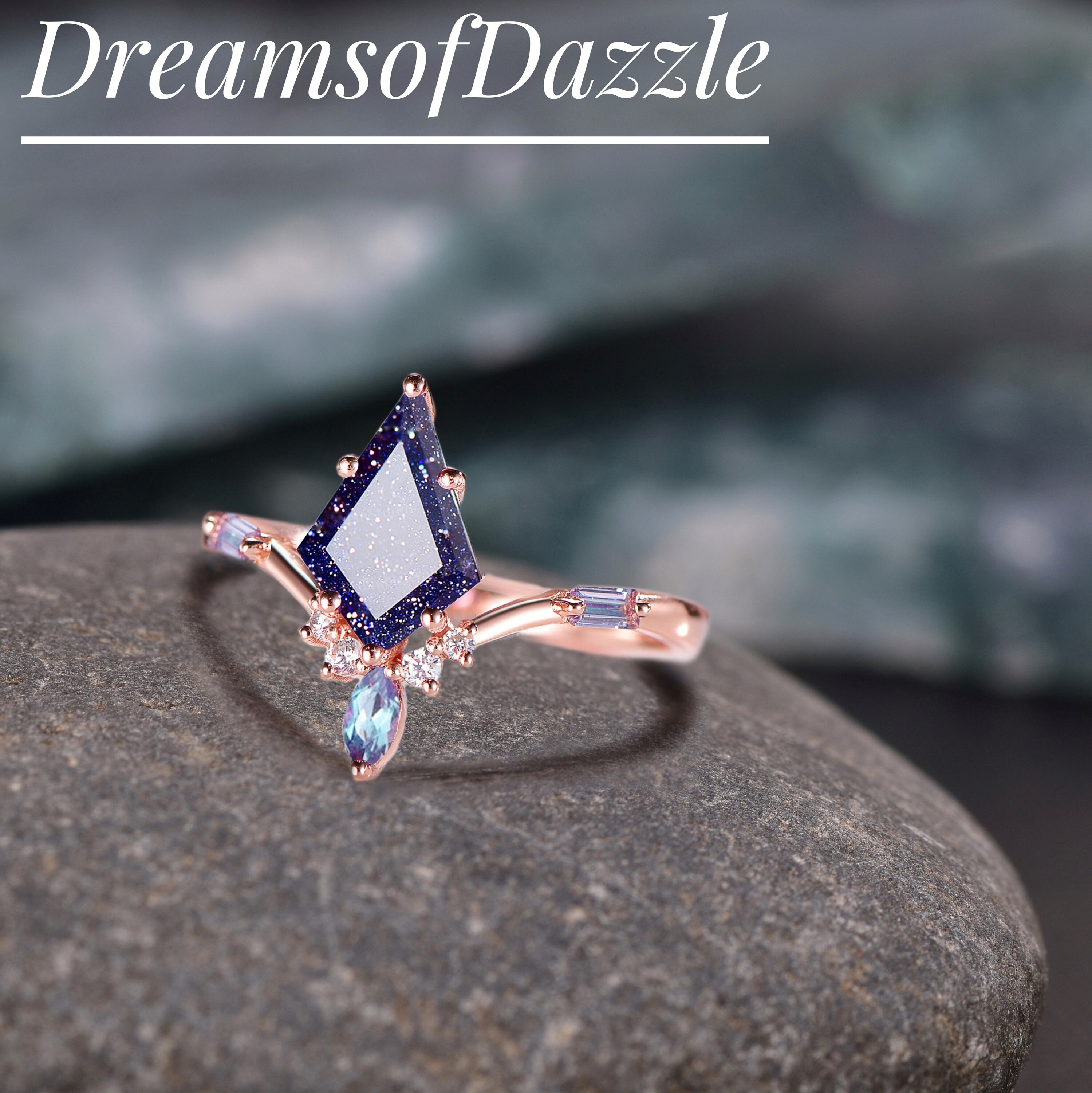 Galaxy Blue Sandstone Engagement Ring Silver Rose Gold Blue Sandstone Ring Planet Ring Geometric Ring Color Changed Alexandrite Birthstone