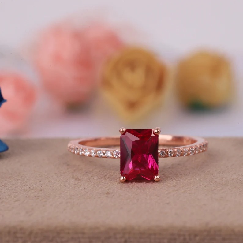 8*11mm Emerald Cut Lab Created Ruby Ring, Solid Yellow Gold Engagement Ring, Moissanite Bridal Ring, Wedding Promise Ring, Red Gemstone Ring