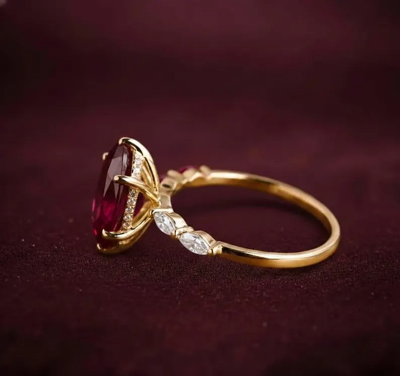 Ruby Ring, Marquise Cut Ruby Engagement Ring, Hidden Halo Weeding Ring With Marquise Side CZ Accent Ring, Anniversary & Bridal Gift For Her