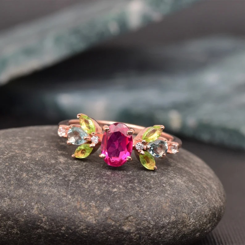 Beautiful Ruby Peridot Engagement Ring, 925 Solid Sterling Silver Ring, Ruby Cluster Ring, Ruby Aquamarine& peridot Ring Multi Gemstone Ring