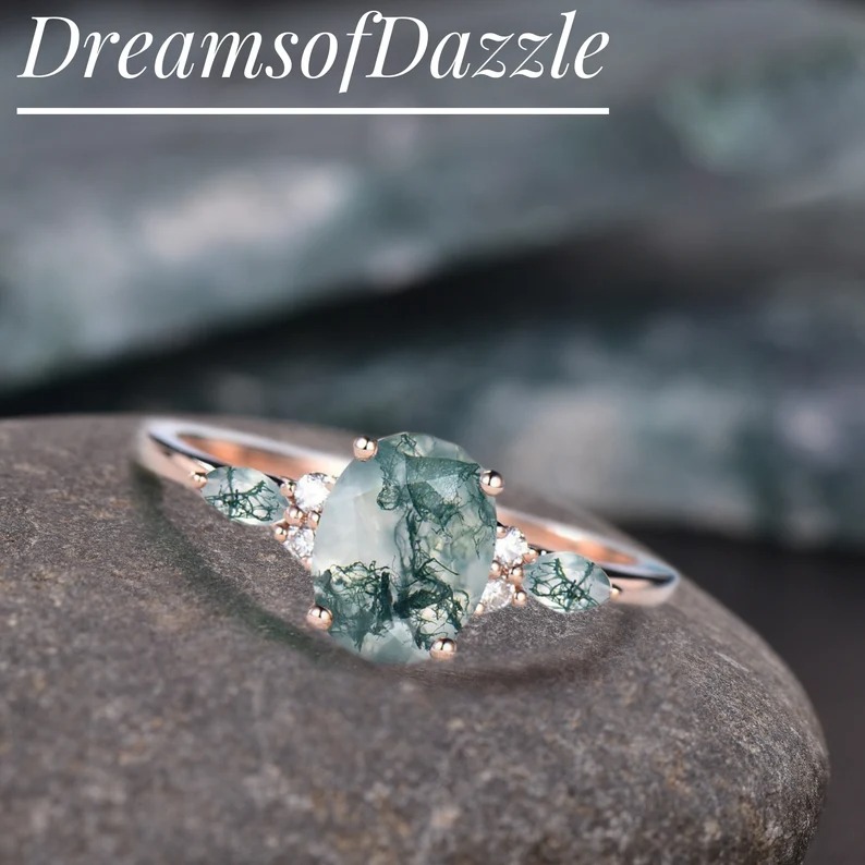 1.5ct Oval Cut Natural Moss Agate Engagement Rings Rose Gold Silver Cluster Aquatic Agate Promise Ring Marquise Moss Moissanite Wedding Ring