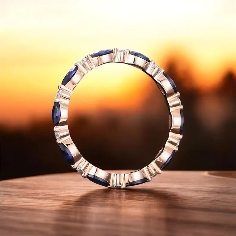 Full Eternity Stackable Band Lab Blue Sapphire Band CZ Solid 925 Sterling Silver Wedding Band, Eternity Band September Stone