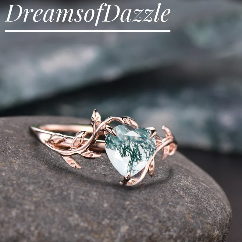 Twig Heart shaped moss agate engagement ring leaf rose gold silver unique vintage solitaire engagement ring promise wedding ring for women