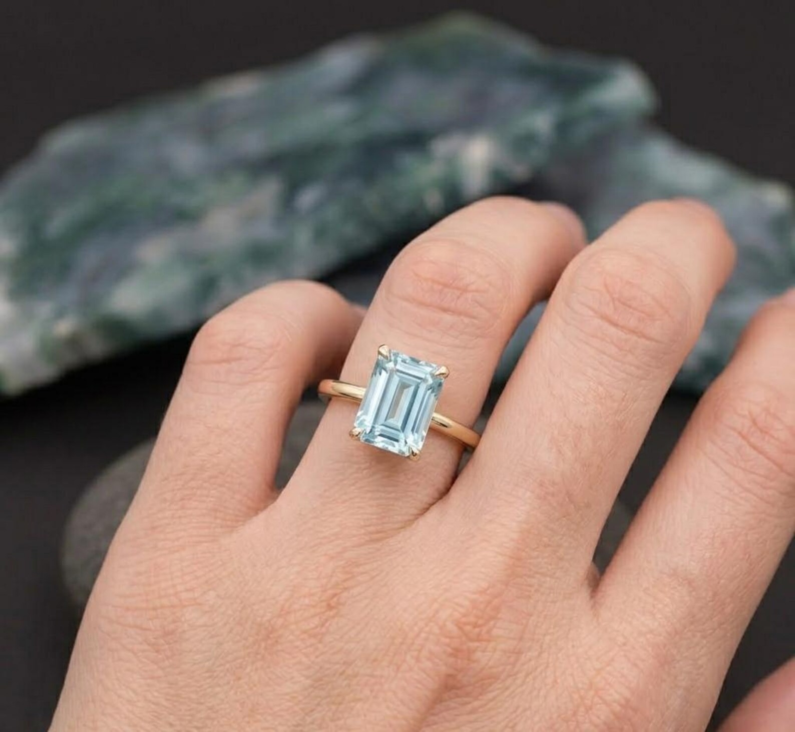 Emerald Cut Aquamarine Ring, Vintage 14k Solid Gold Anniversary Ring, March Birthstone Gifts Women, Aquamarine Engagement Ring For Women