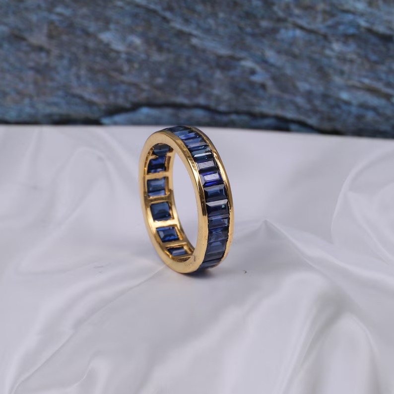 Full Eternity Stackable Band Lab Blue Sapphire Band CZ Solid 925 Sterling Silver Wedding Band, Eternity Band September Stone