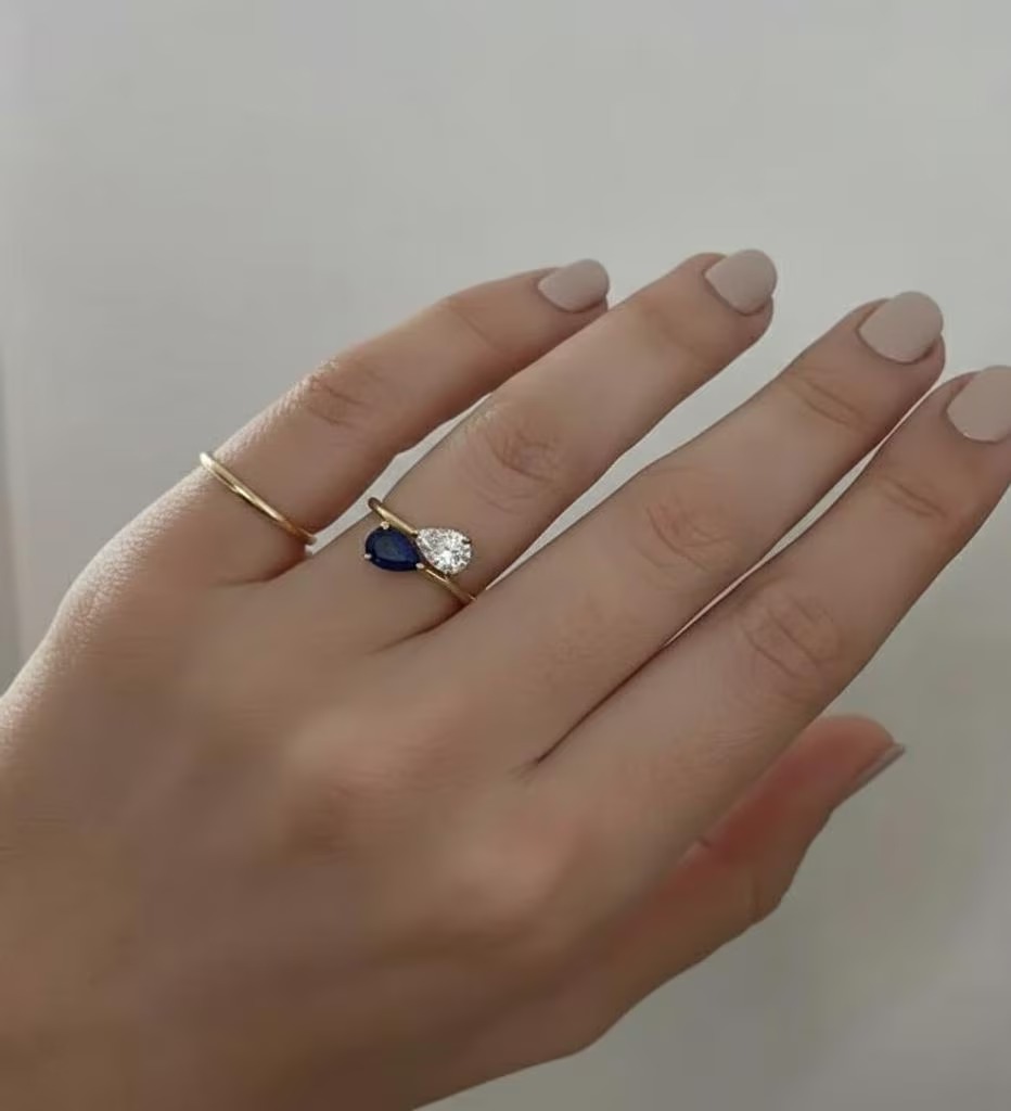 Vintage Toi Et Moi Engagement Ring, Blue Sapphire & Pear Moissanite Ring, 14k Gold Promise Ring, Two Stone Wedding Ring, Anniversary Gift