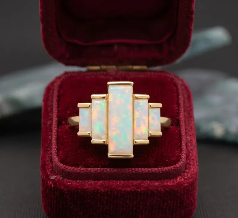 Natural Opal Ring 14k Solid Gold Ring, October Birthstone Ring, Baguette Cut Opal Engagement Ring, Dainty Opal Gemstone Ring, Gifts for Mom