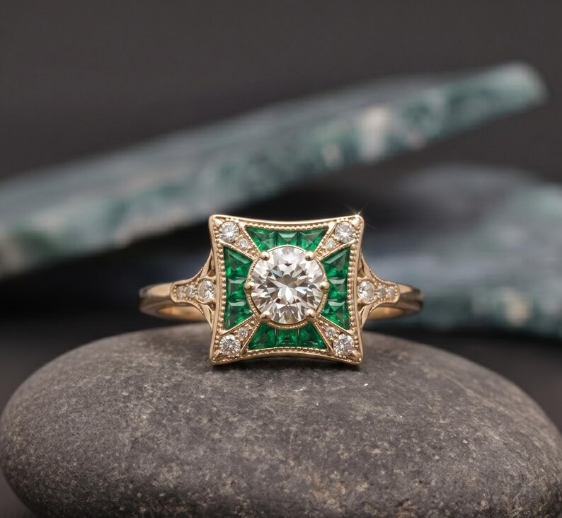 Green Emerald & Moissanite Ring, Art Deco Cluster Engagement Ring, Princess Cut Ring, Antique Style Green Stone Ring, Geometric Bridal Ring
