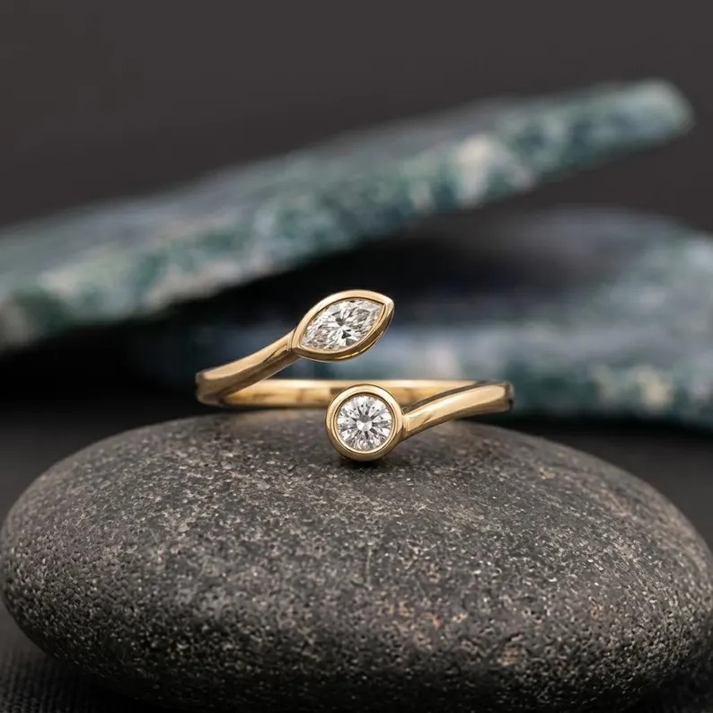 Open Diamond Ring In 14K Gold:- Marquise Cut Round Moissanite Engagement Ring, Handmade Open Wedding Band, Anniversary Gift, Christmas Gift