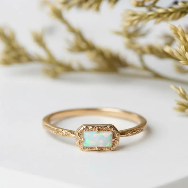Dainty Opal Ring, Opal Gemstone Baguette Cut Ring, 14k Rose Gold Plated Ring, October Birthstone Ring, Minimalist Stacking Ring Gift For Her