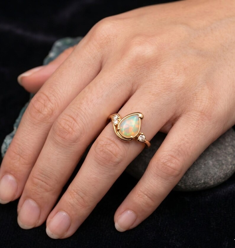 Opal Ring-14k Solid Gold Ring, Pear Cut White Gemstone Gold Ring with Diamond Accents, Vintage Opal Promise Ring for Women, Bridal Jewelry