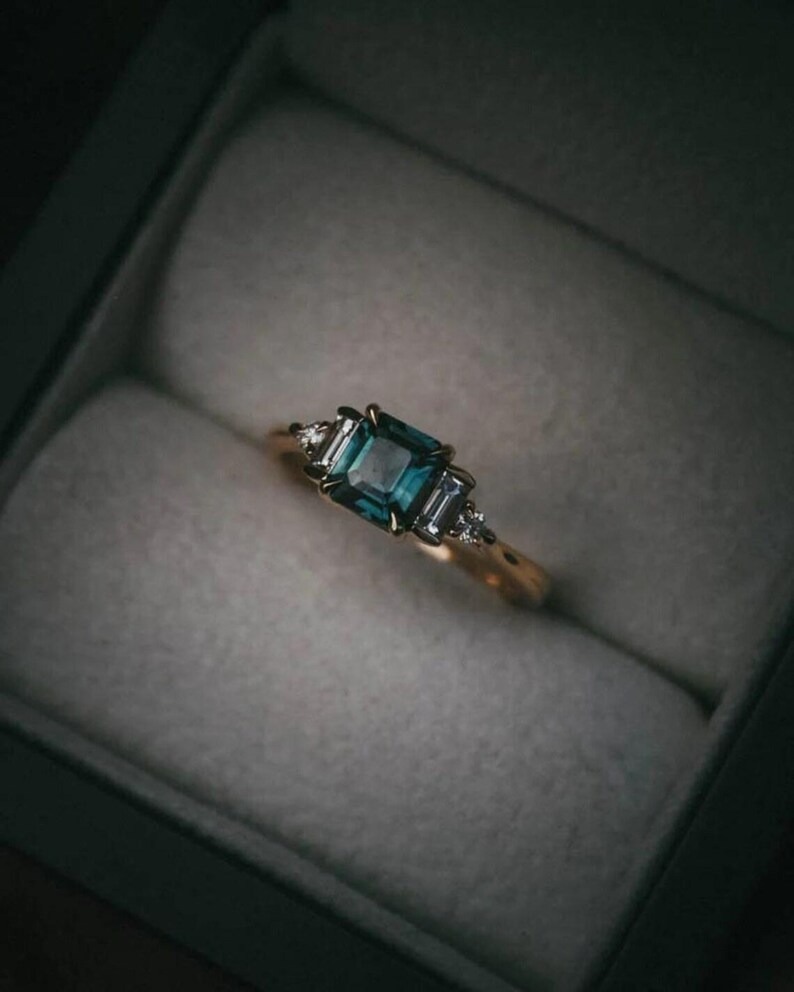 Princess Cut Sapphire Engagement Ring, Personalized Gift For Women, Baguette Art Deco Round Diamond Cluster Ring, Teal Sapphire Gift Ring