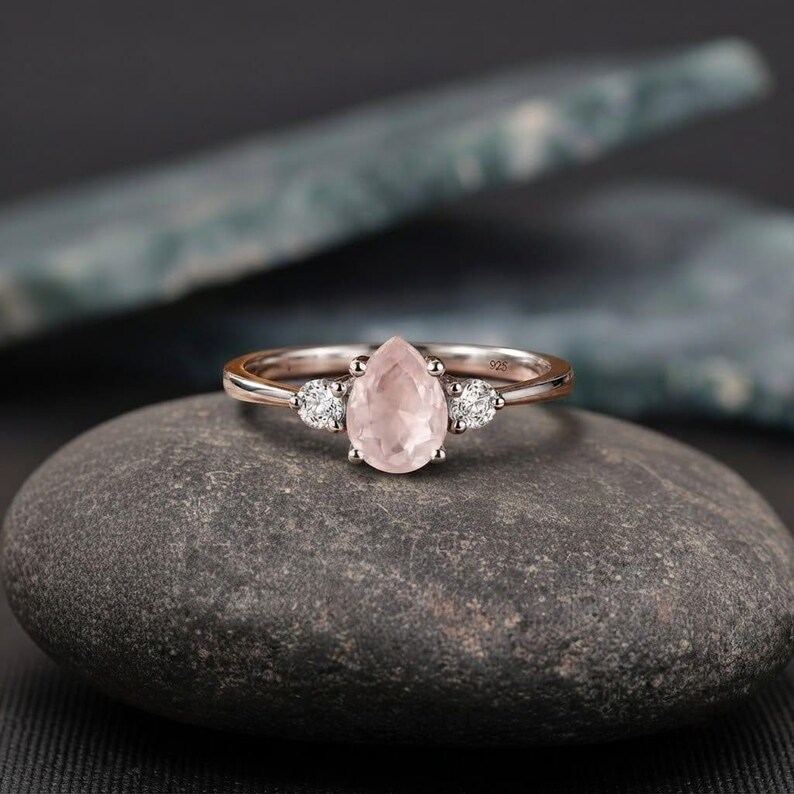 Natural Rose Quartz Three Stone Accent Ring, 925 Sterling Silver Ring For Her, Dainty Promise Ring, Pear Cut Rose Quartz Engagement Ring
