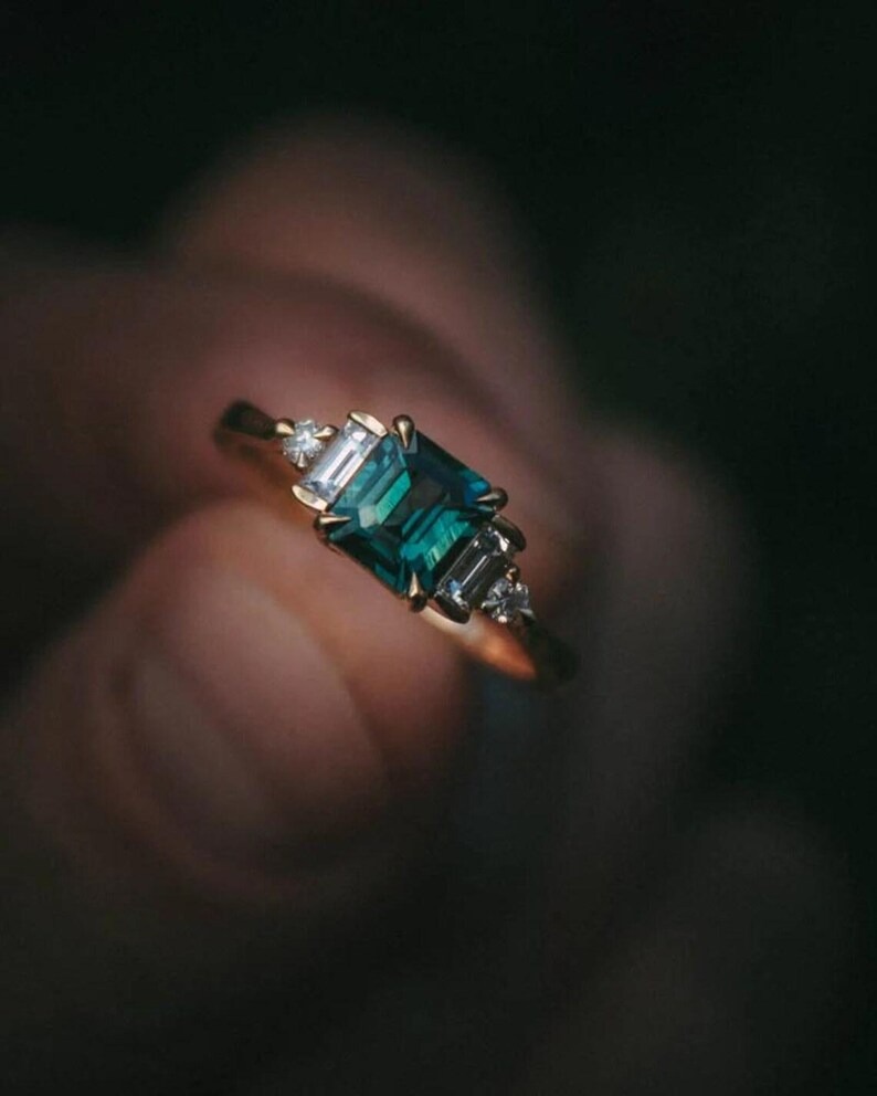Princess Cut Sapphire Engagement Ring, Personalized Gift For Women, Baguette Art Deco Round Diamond Cluster Ring, Teal Sapphire Gift Ring
