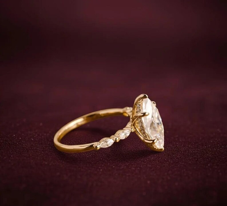 Marquise Cut Moissanite Engagement Ring, Hidden Halo Weeding Ring With Marquise Side Gemstone Accent Ring, Anniversary & Bridal Gift For Her