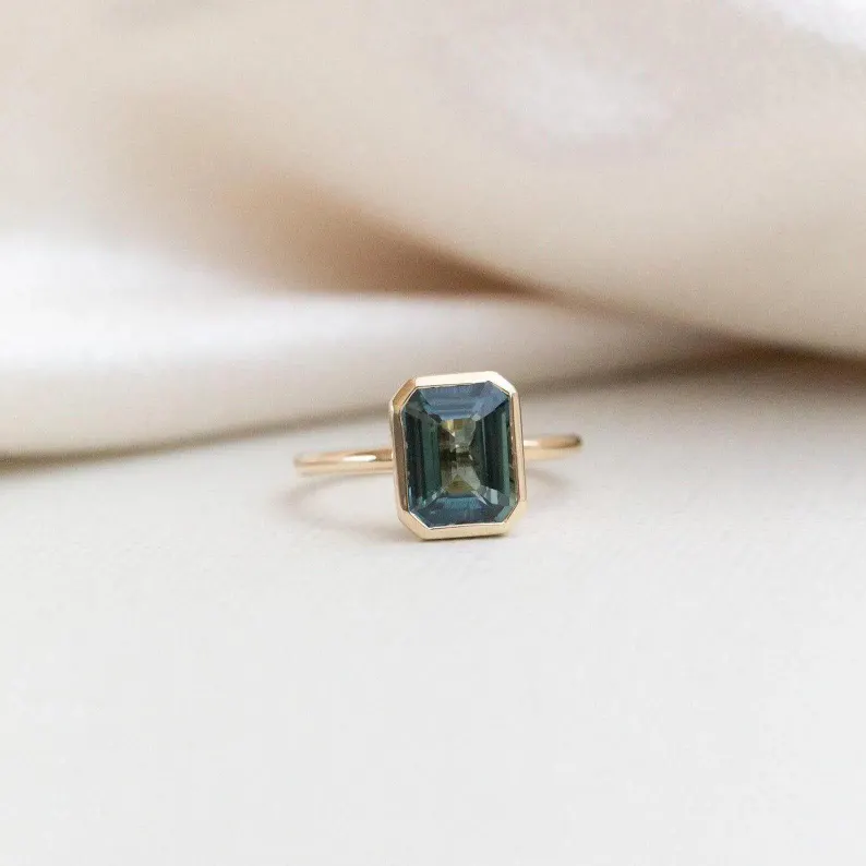 14K Yellow Gold Emerald Cut Teal Sapphire Engagement Ring, Bezel Set Ring, Gold Bridal Ring, Promise Ring, Handmade Ring, Gift For Her