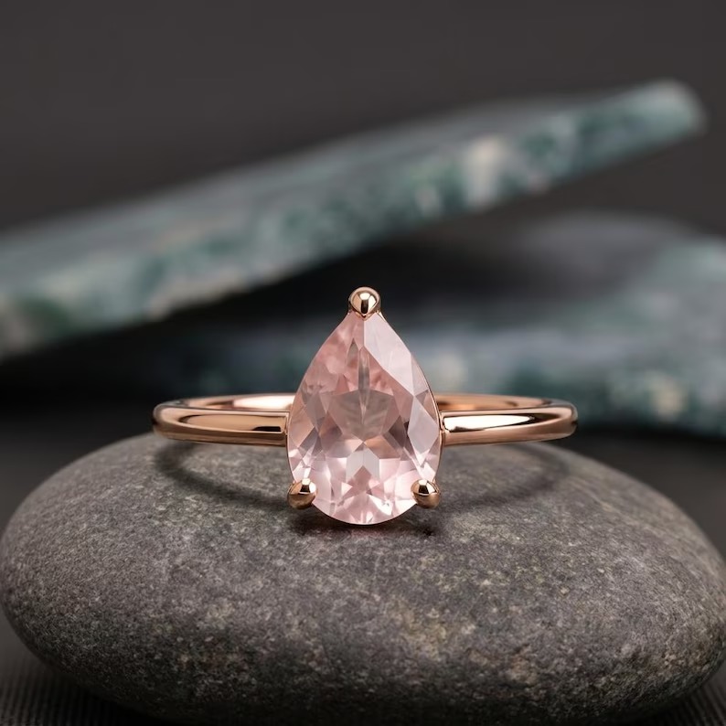 Rose Quartz Ring, Pear Pink Gemstone Engagement Ring, 18k Solid Gold, Natural Gemstone, Stackable Ring, Birthstone Jewelry, Gift for Mom