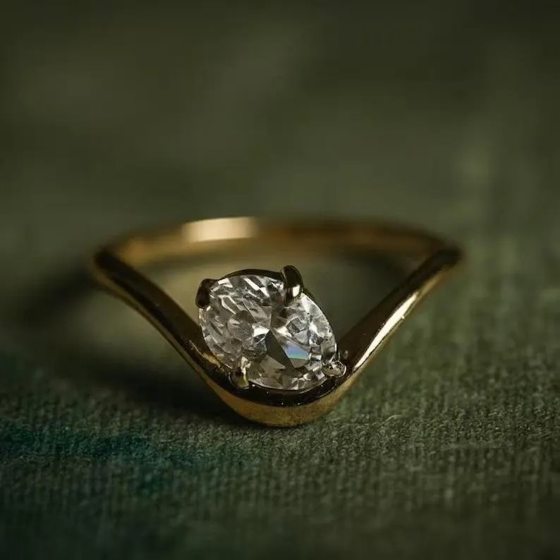 Oval Moissanite Ring 14k Solid Gold Floating Gem Ring East West Unique Sideway Oval Cut Ring Unique Floating Stone Wedding Promise Ring Gift