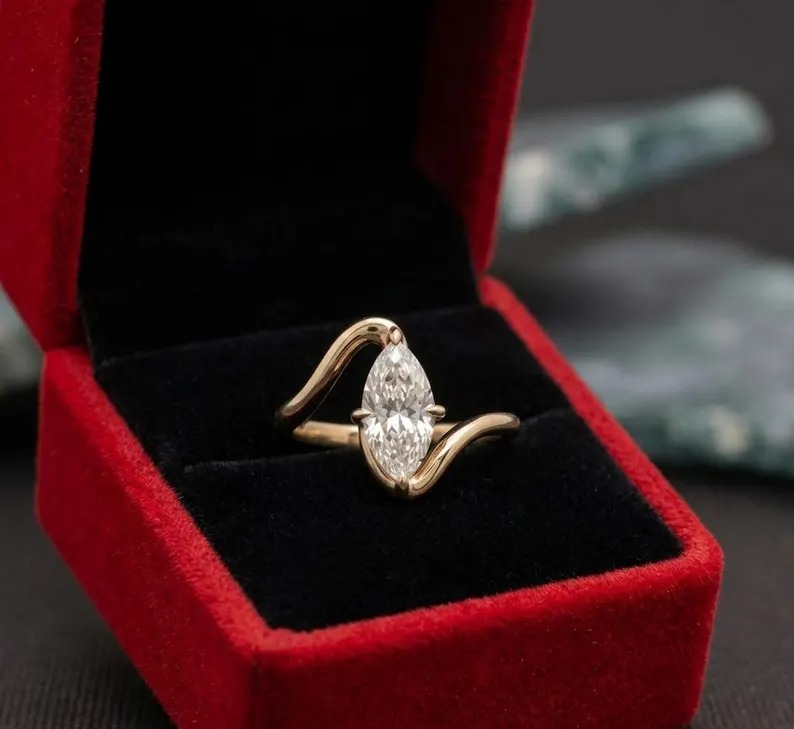 Marquise Moissanite Ring, Wave Bypass Ring, Promise Ring, Minimalist Engagement Ring, Diamond Bridal Jewelry, Statement Ring, Unique Ring