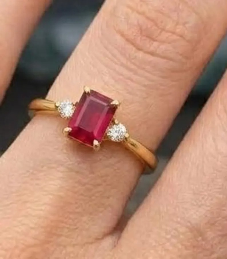 Genuine Ruby Diamond Ring in Gold, Real Ruby Dainty Stacking Ring, Emerald Ruby Jewelry, Ruby Birthstone Dainty Ring, Birthday Gift For Her