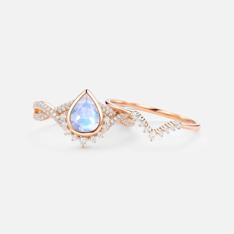 Natural Pear Cut Moonstone Engagement Ring Set, Vintage Infinity Moissanite Cluster Wedding Bridal Set, 14K Bezel Setting Rose Gold Ring Set