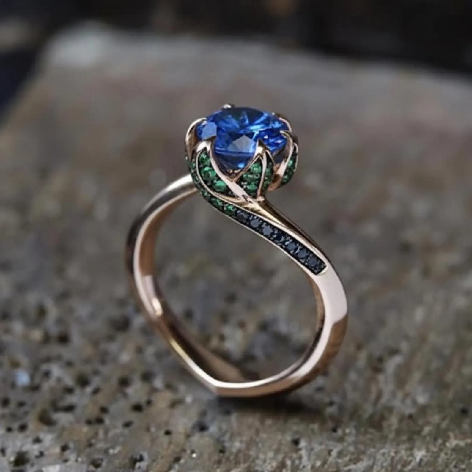 Blue Sapphire Engagement Ring, 14k Gold Round Cut Blue Gemstone Ring, Handmade Art Deco Green And Black Accents Ring, Anniversary Jewelry