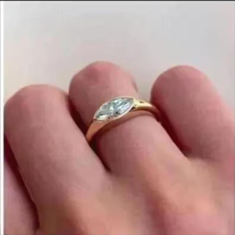 Marquise Moissanite Ring: East-West Sterling Silver Signet, Bezel Set Diamond wedding ring, Promise Ring Diamond Solitaire Delicate Ring