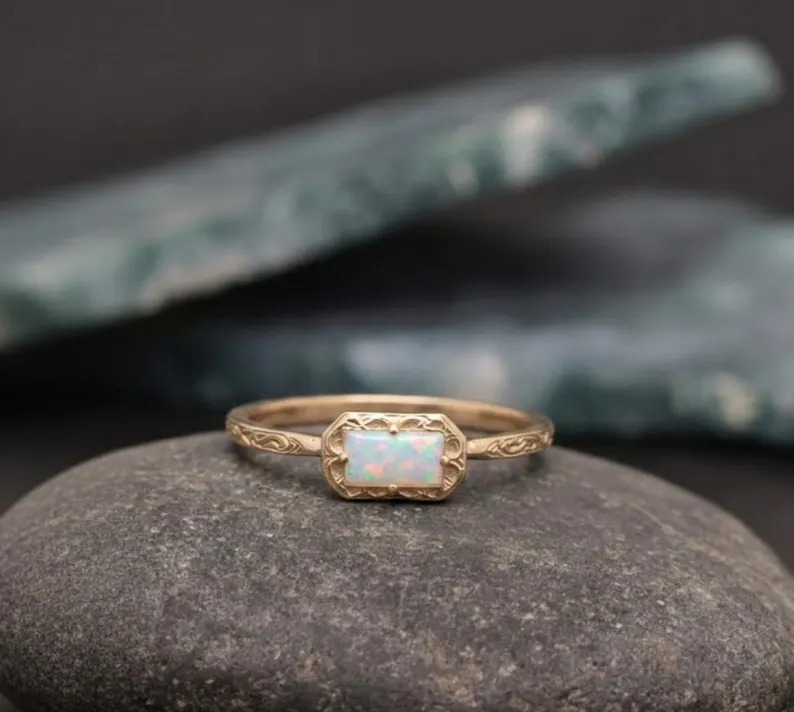Dainty Opal Ring, Opal Gemstone Baguette Cut Ring, 14k Rose Gold Plated Ring, October Birthstone Ring, Minimalist Stacking Ring Gift For Her