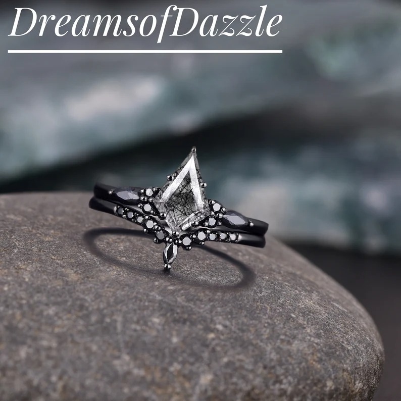 Black Gold Kite Cut Black Rutilated Quartz Engagement Ring Set, Witchy Black Promise Ring, Black Wedding Ring Set, Goth Black Bridal Set