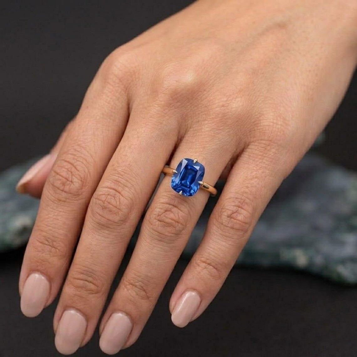 Cushion Cut Sapphire Ring, Solitaire Engagement Ring, Blue Sapphire Gemstone Ring, Minimalist Promise Ring, Gift for Her, Anniversary Gift