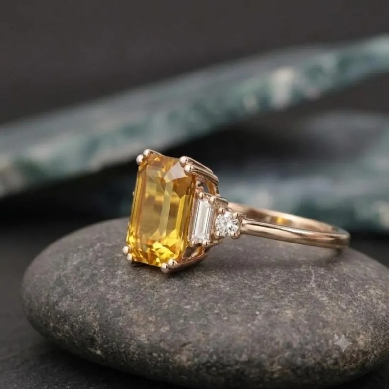 Elegant Emerald Cut Citrine Ring in Gold with Diamond Accents – Vintage Inspired Statement Jewelry Wedding Ring Women Proposal Ring Gift