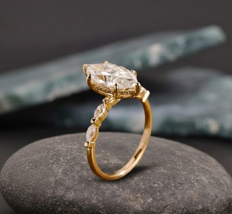 Marquise Cut Moissanite Engagement Ring, Hidden Halo Weeding Ring With Marquise Side Gemstone Accent Ring, Anniversary & Bridal Gift For Her