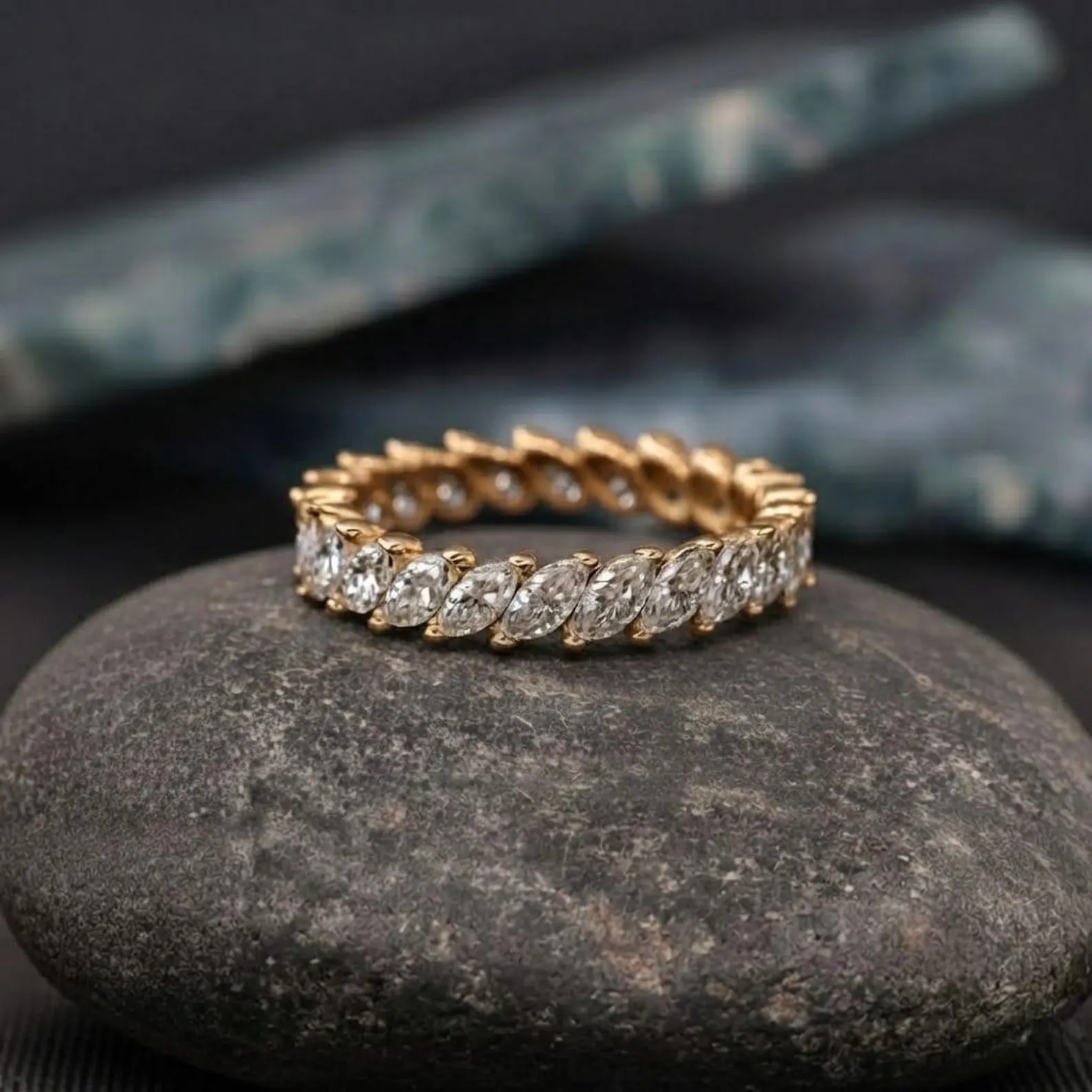 Marquise Diamond Eternity Band, Gold Wedding Band, Vintage Marquise Cut Ring, Anniversary Gold Band, Stacking Bridal Diamond Ring Gifts