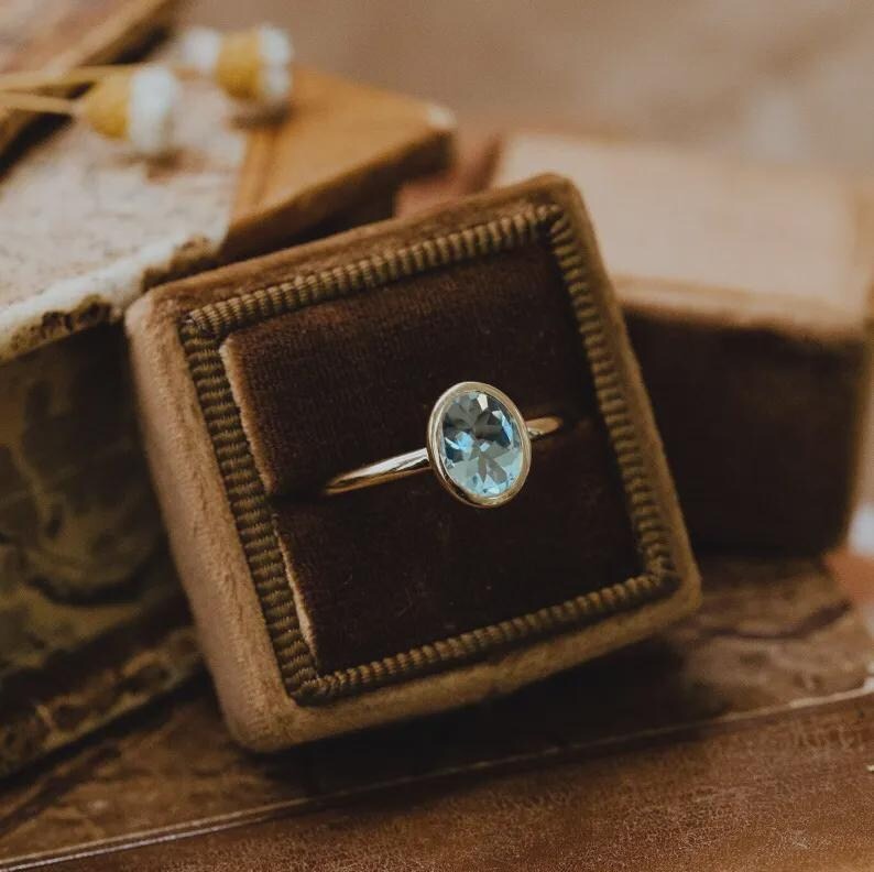 2CT Oval Cut Lab Aquamarine Engagement Ring, 14k Rose Gold Ring, Oval Blue Gemstone Ring, Bezel Setting Anniversary Gift For Women
