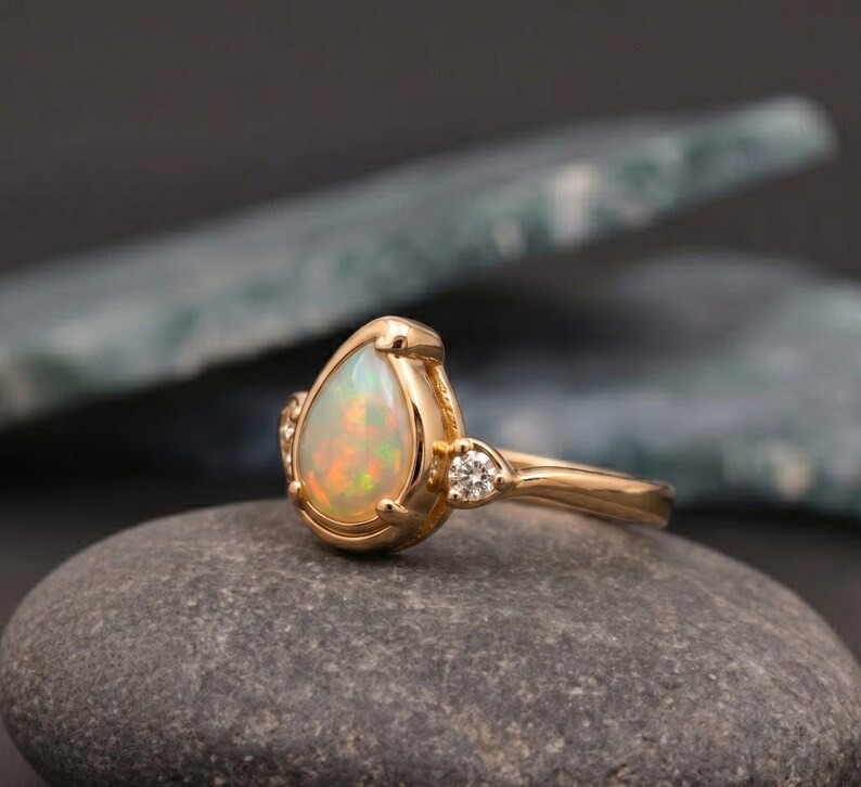 Opal Ring-14k Solid Gold Ring, Pear Cut White Gemstone Gold Ring with Diamond Accents, Vintage Opal Promise Ring for Women, Bridal Jewelry