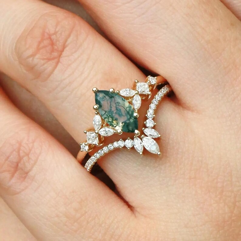 Marquise Cut Moss Agate Engagement Ring Set, Vintage Cluster Curved Moissanite Wedding Ring, Nature Inspired Anniversary Ring Set For Women