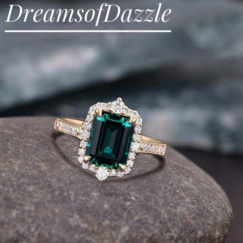 Emerald Engagement Ring 4ct Emerald Cut Solid 14K Gold Engagement Ring Cluster Ring Moissanite Bridal Ring Promise Ring Anniversary Gift
