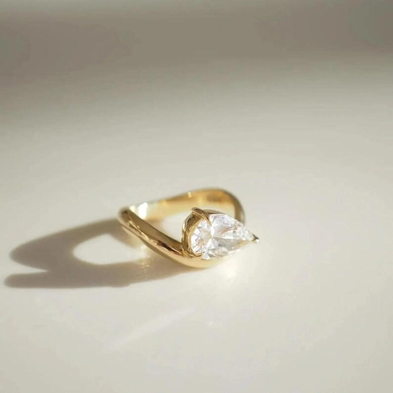 Moissanite Wave Shank Ring, Horizontal Tear Drop Unique Bridal Ring, 18K Yellow Gold Diamond Engagement Ring, Solitaire Promise Wedding Ring