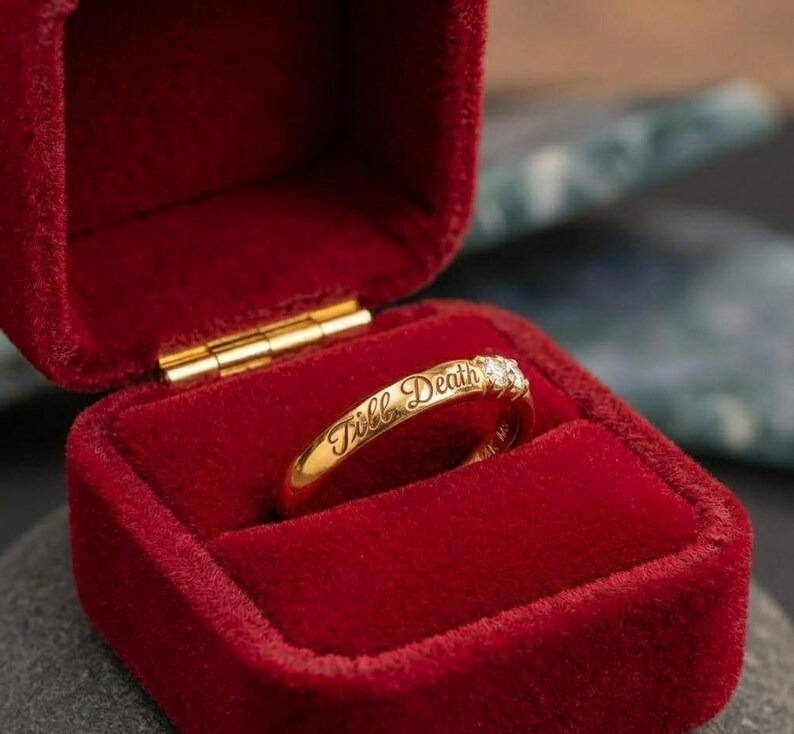 Till Death Diamond Ring, Gold Engraved Wedding Band, Gothic Promise Ring, Anniversary Jewelry, Alternative Engagement Ring Gift for Couples